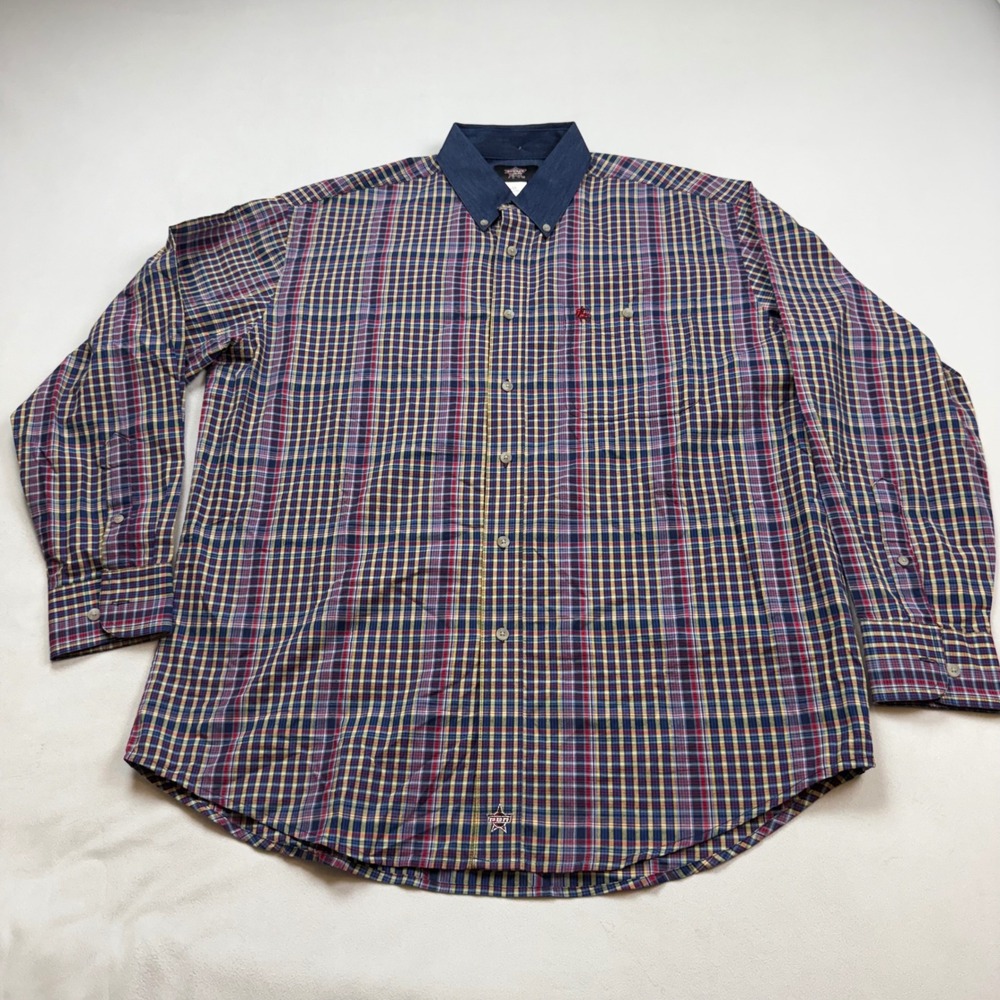 PBR Professional Bull Riders Plaid Button Down‎ Shirt Mens Large Western Cotton